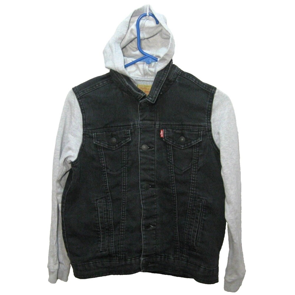 LEVI's Boy's (Size Youth Large) Black Gray Denim Hoodie Jacket Button Front Top